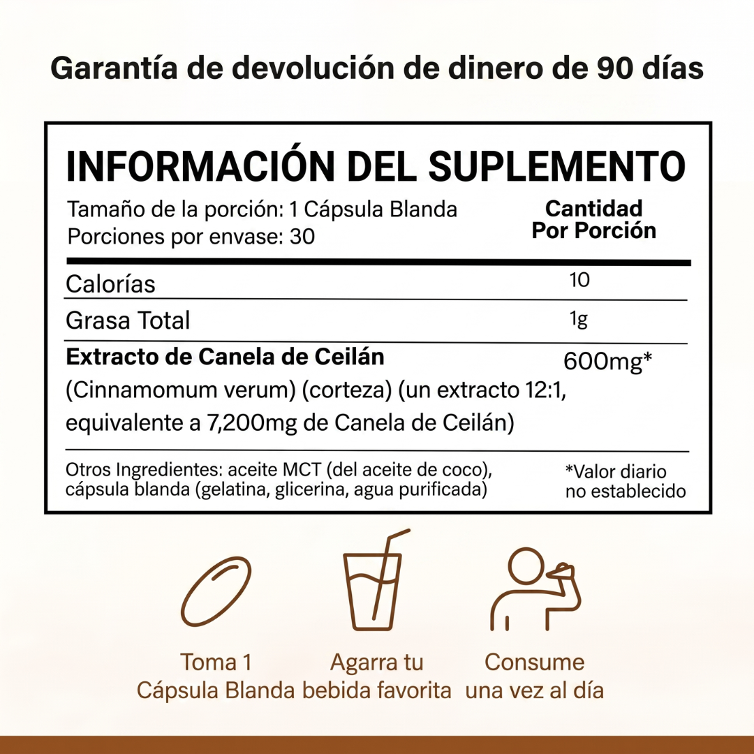 Canela de Ceilán 7200 mg equivalente con aceite MCT