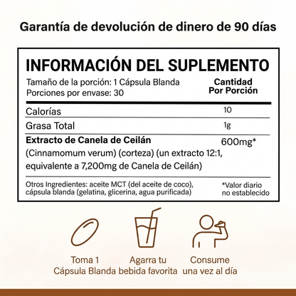 Canela de Ceilán 7200 mg equivalente con aceite MCT
